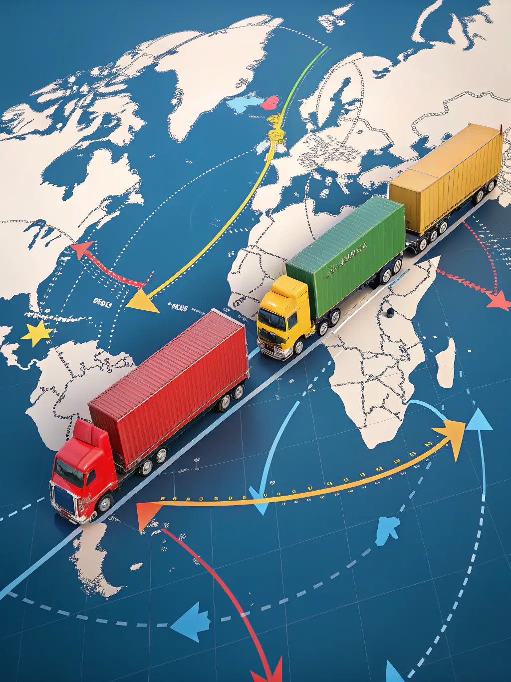 An image showcasing a detailed logistics plan with vehicles being transported efficiently across different countries, highlighting ALMAELITECARS' global reach.