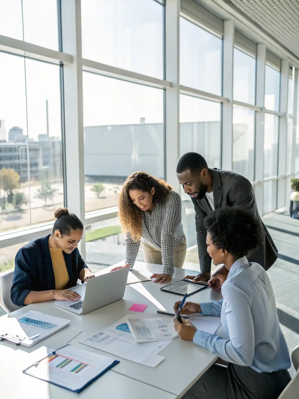 A professional photo of a diverse team collaborating in a modern office setting, representing ALMAELITECARS' commitment to teamwork and expertise.