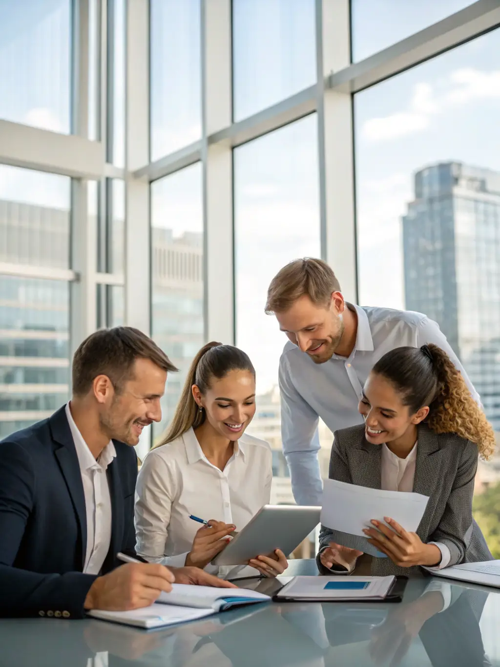A professional photograph of a team of ALMAELITECARS employees collaborating in a modern office setting, reviewing logistics and compliance documents for vehicle import/export.