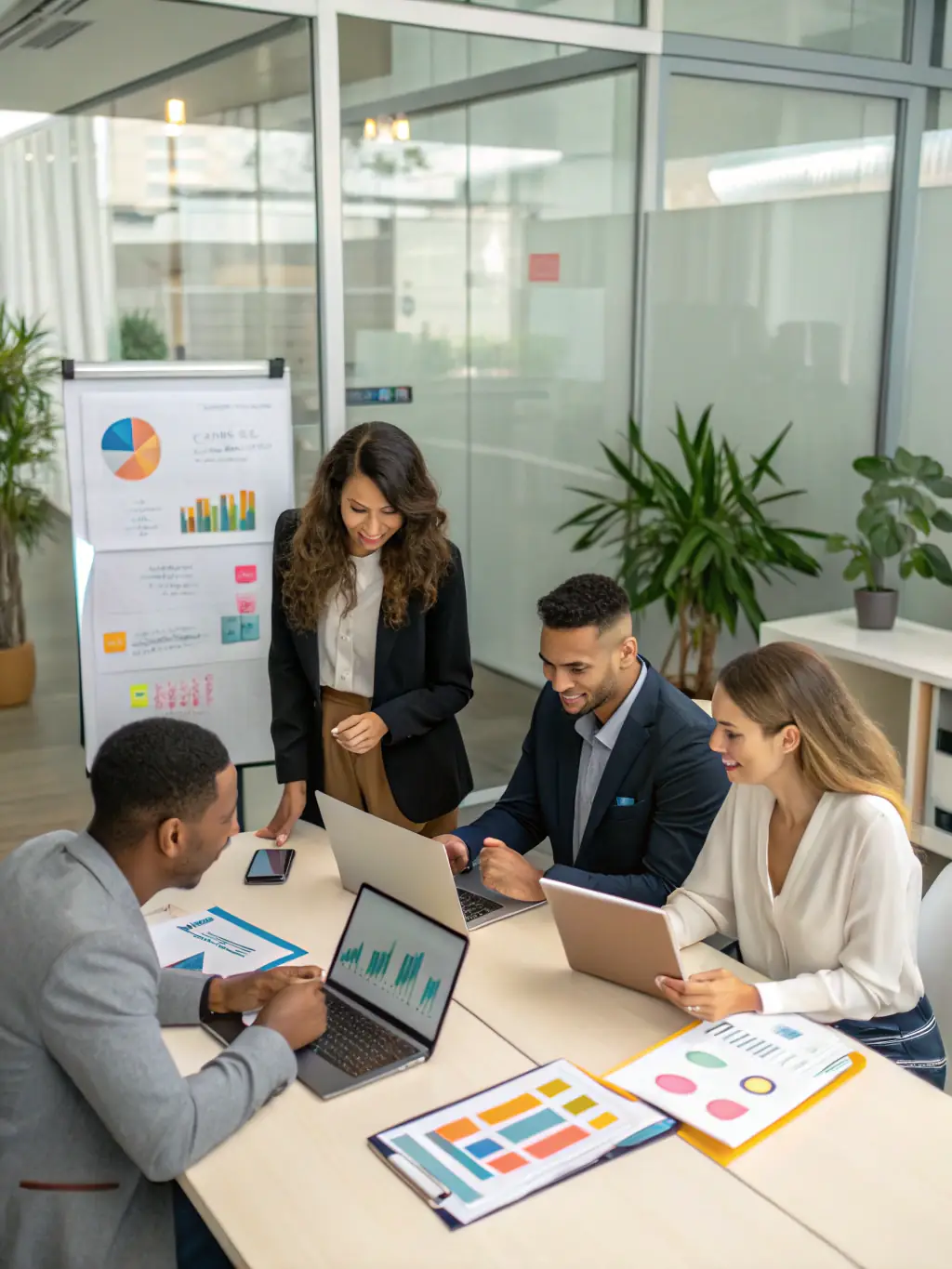 A diverse team brainstorming marketing ideas in a modern office setting, reflecting ALMAELITECARS LLC's innovative approach to advertising.