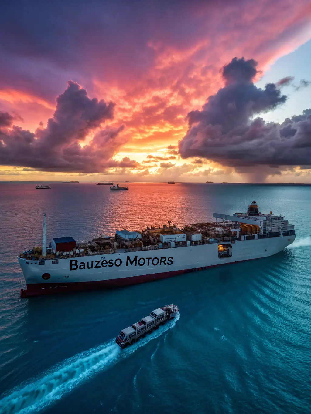 A modern cargo ship transporting a variety of vehicles across the ocean, symbolizing ALMAELITECARS LLC's vehicle import/export services.