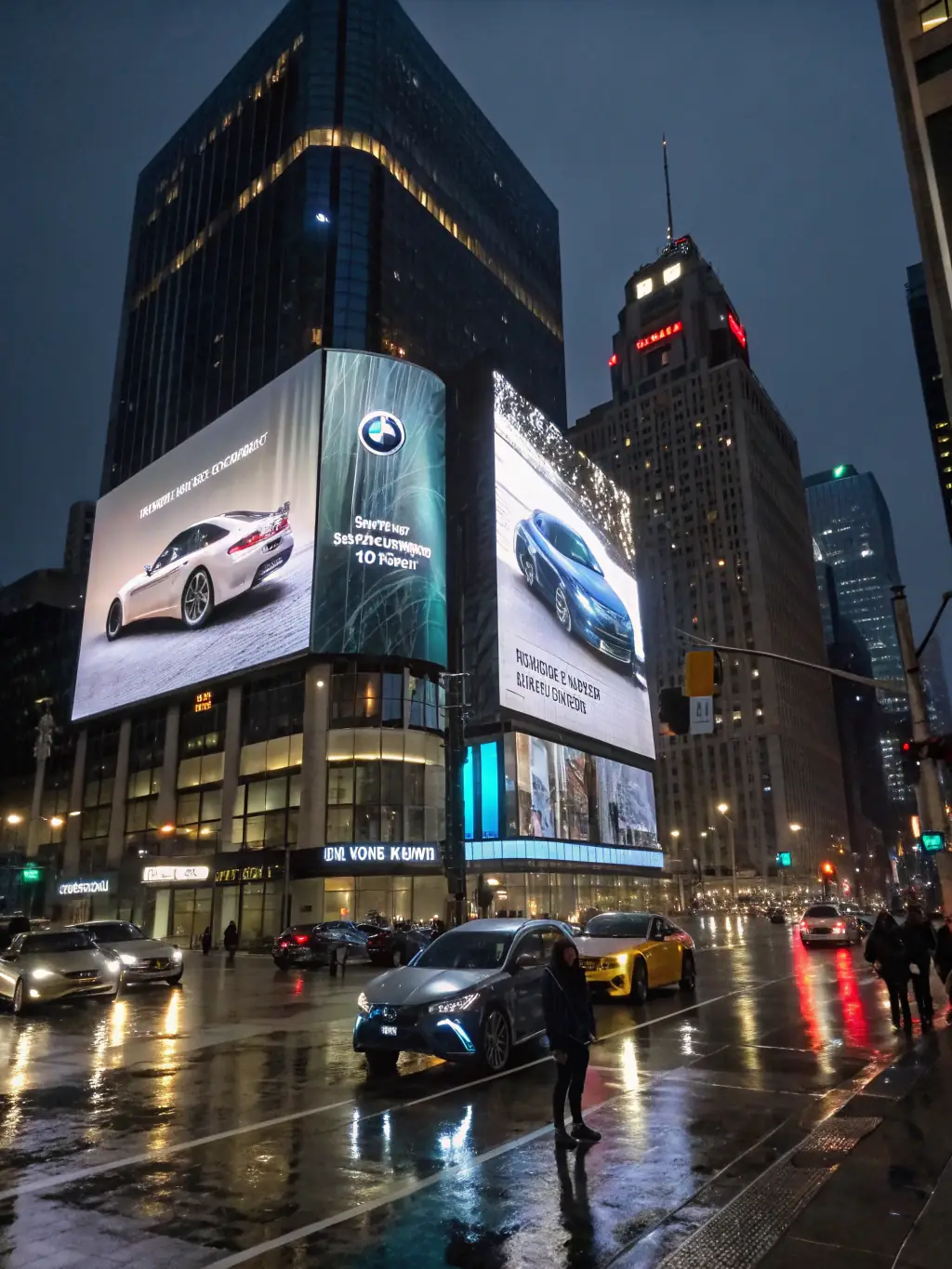 A visually striking image of a digital billboard showcasing a sleek, modern car advertisement in a bustling city center at night, reflecting ALMAELITECARS' advertising solutions.