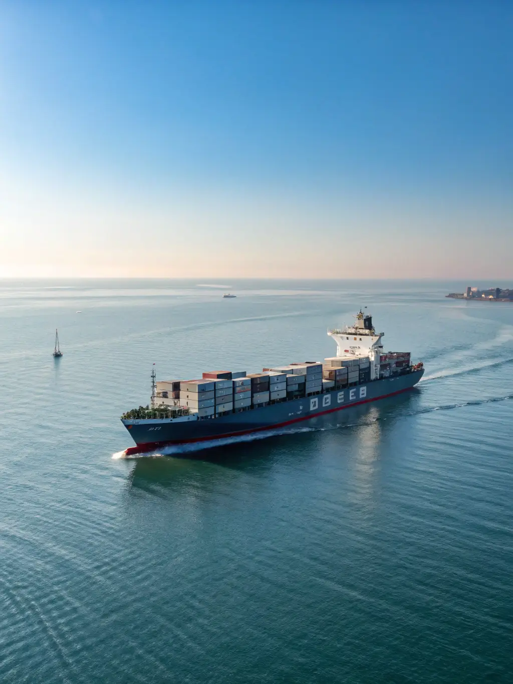 A high-quality photograph of a modern cargo ship transporting a variety of vehicles across a calm, blue ocean, under a clear sky, symbolizing ALMAELITECARS' vehicle import/export expertise.